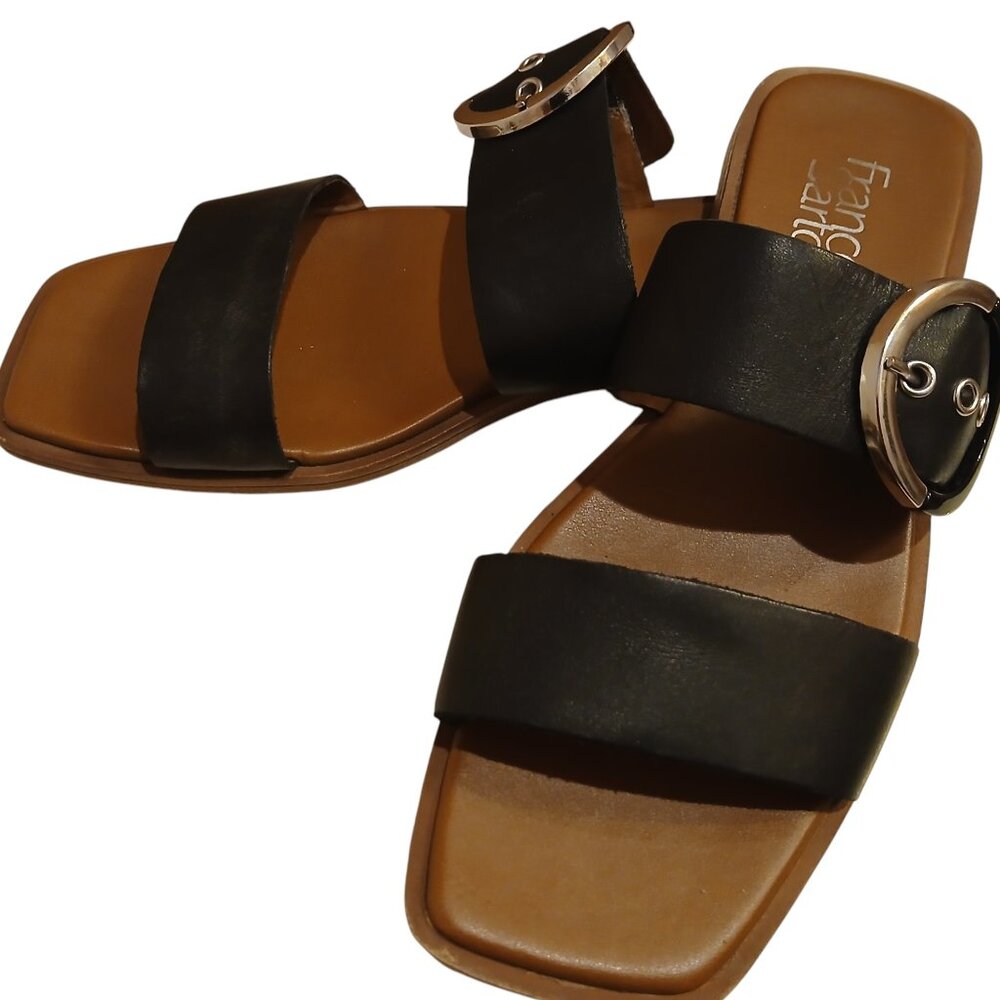 FRANCO SARTO BLACK LEATHER & SILVER BUCKLE SANDALS 8M - Picture 2 of 7